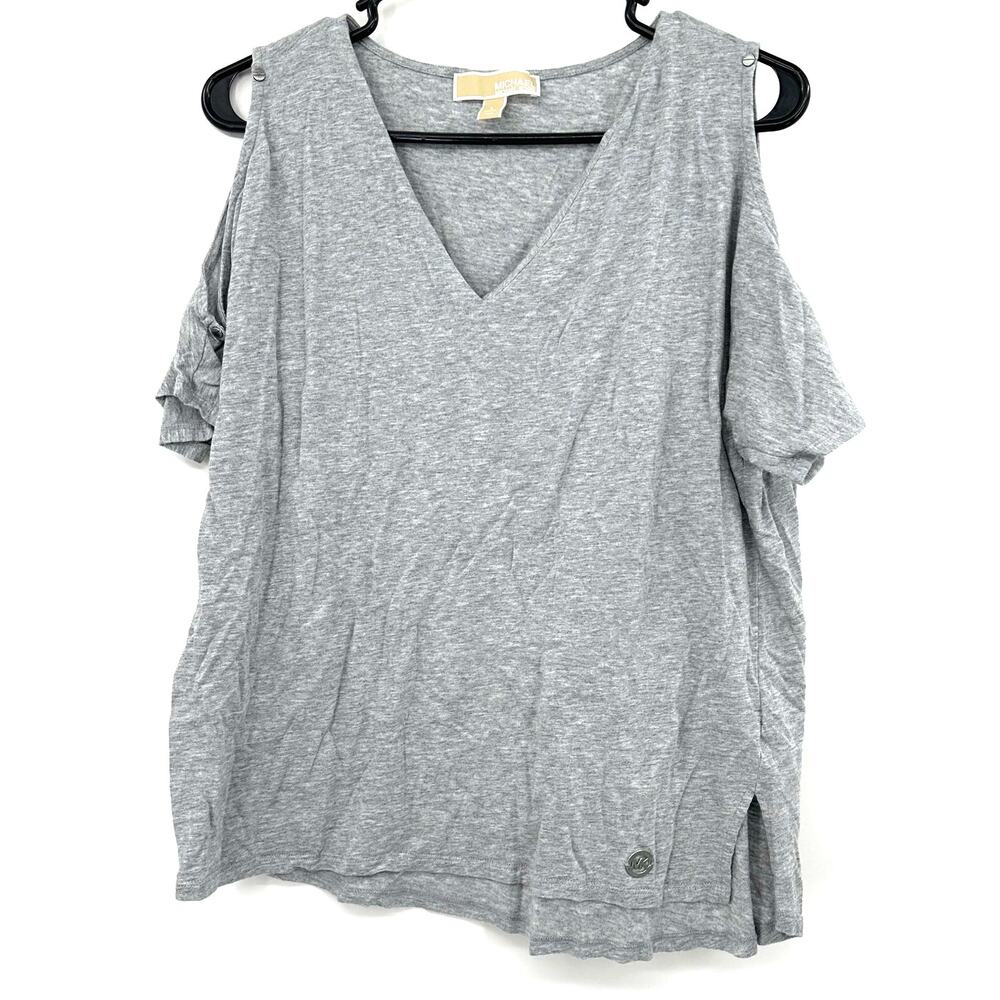 MICHAEL Michael Kors Size Large Cold Shoulder Short Sleeve Blouse Top Shirt Gray